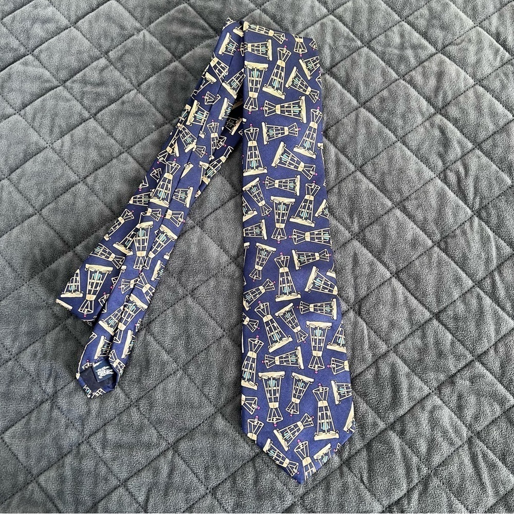 Burberry Tie Vintage Silk Blue Yellow Chest Pieces Made In USA S